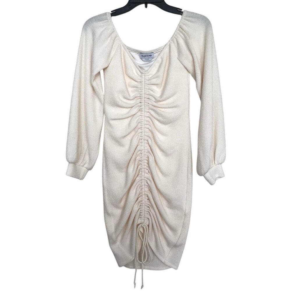 Bebe Dress Womens Size Small Ribbed Bodycon Long Sleeves Ruched Off White